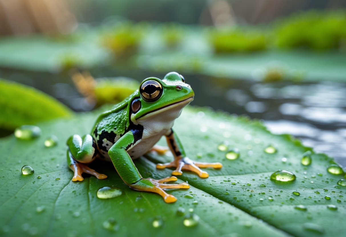 A small green frog sitting on a leaf with sugar crystals scattered nearby in a natural wetland setting.