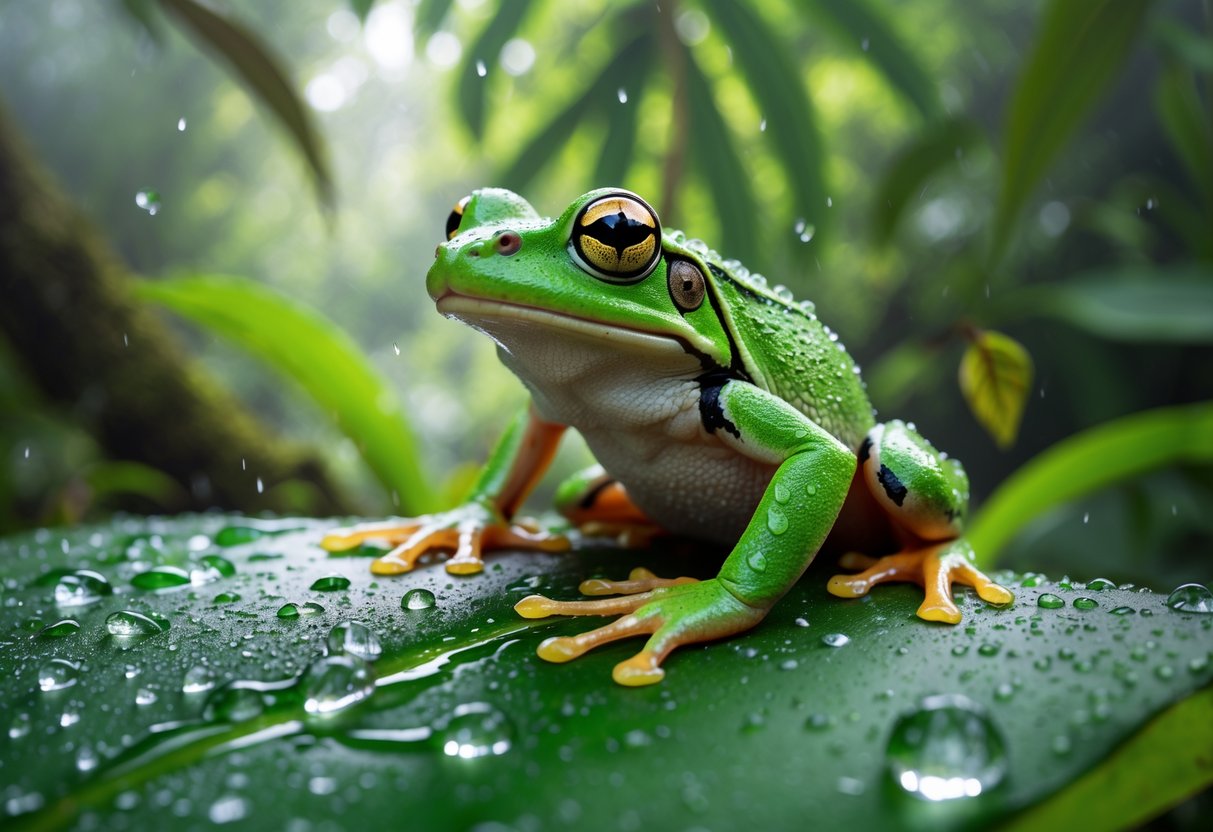 A green frog sitting on a wet leaf with small sugar crystals nearby in a rainforest setting.