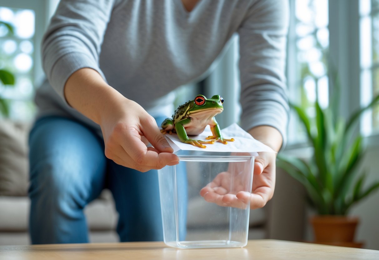 Person gently capturing a small green frog inside a living room using a container and paper.