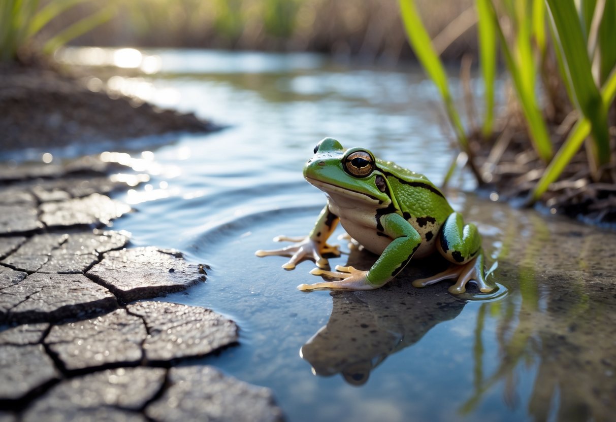 A close-up of a green frog sitting on a wet rock near a stream, with dry earth, a bird shadow overhead, and water plants in the background.