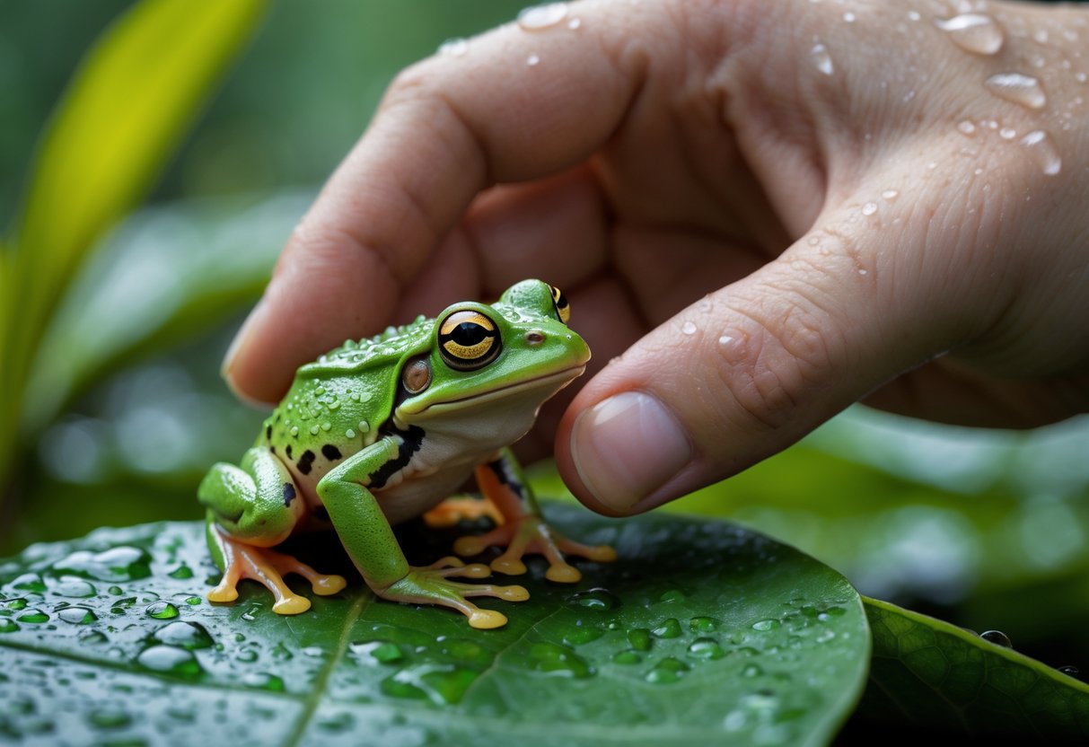 A person's wet hand gently touching a small green frog on a wet leaf in a natural setting.