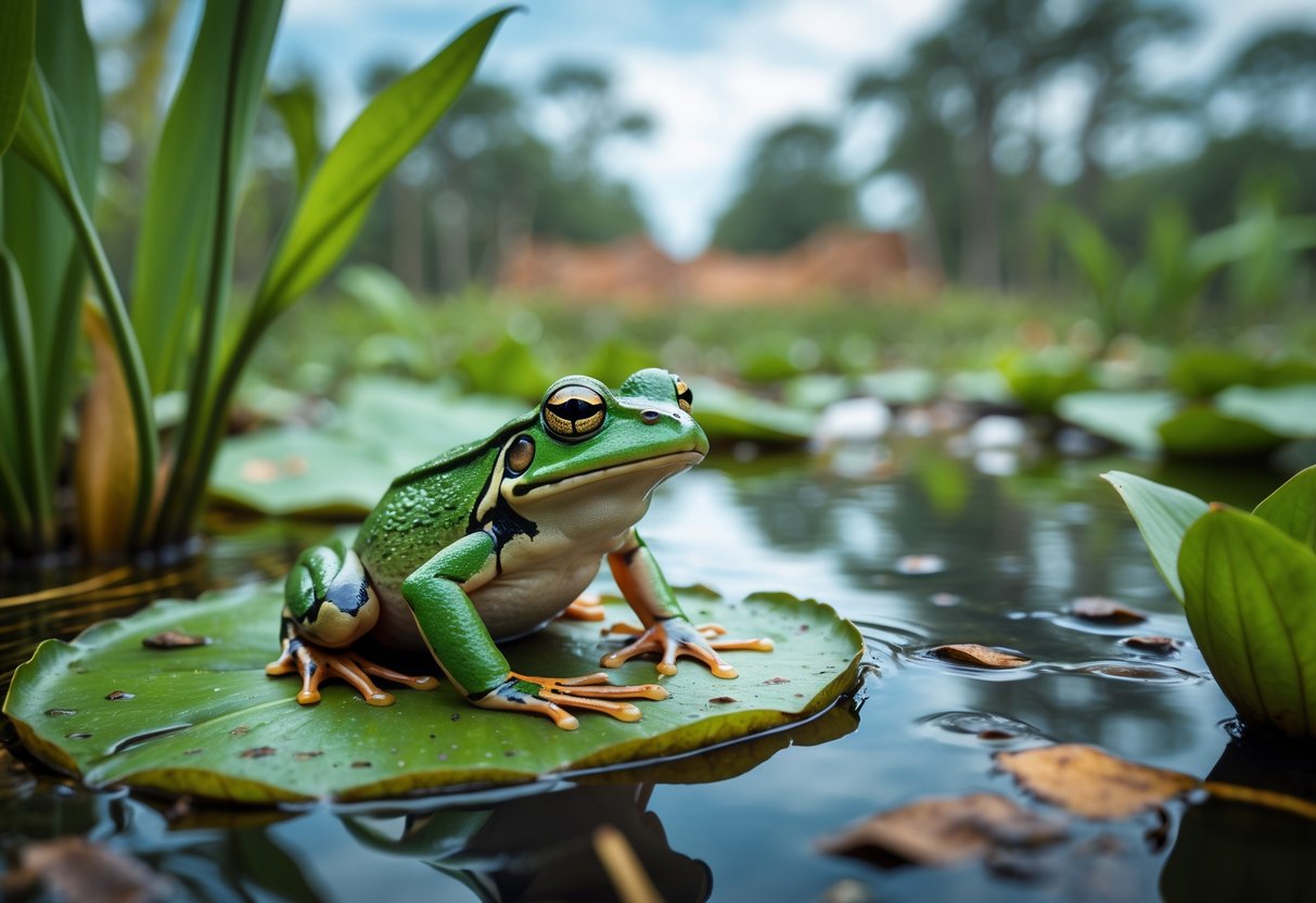 A frog sitting on a lily pad in a wetland with plastic debris in the water and a construction site in the background.