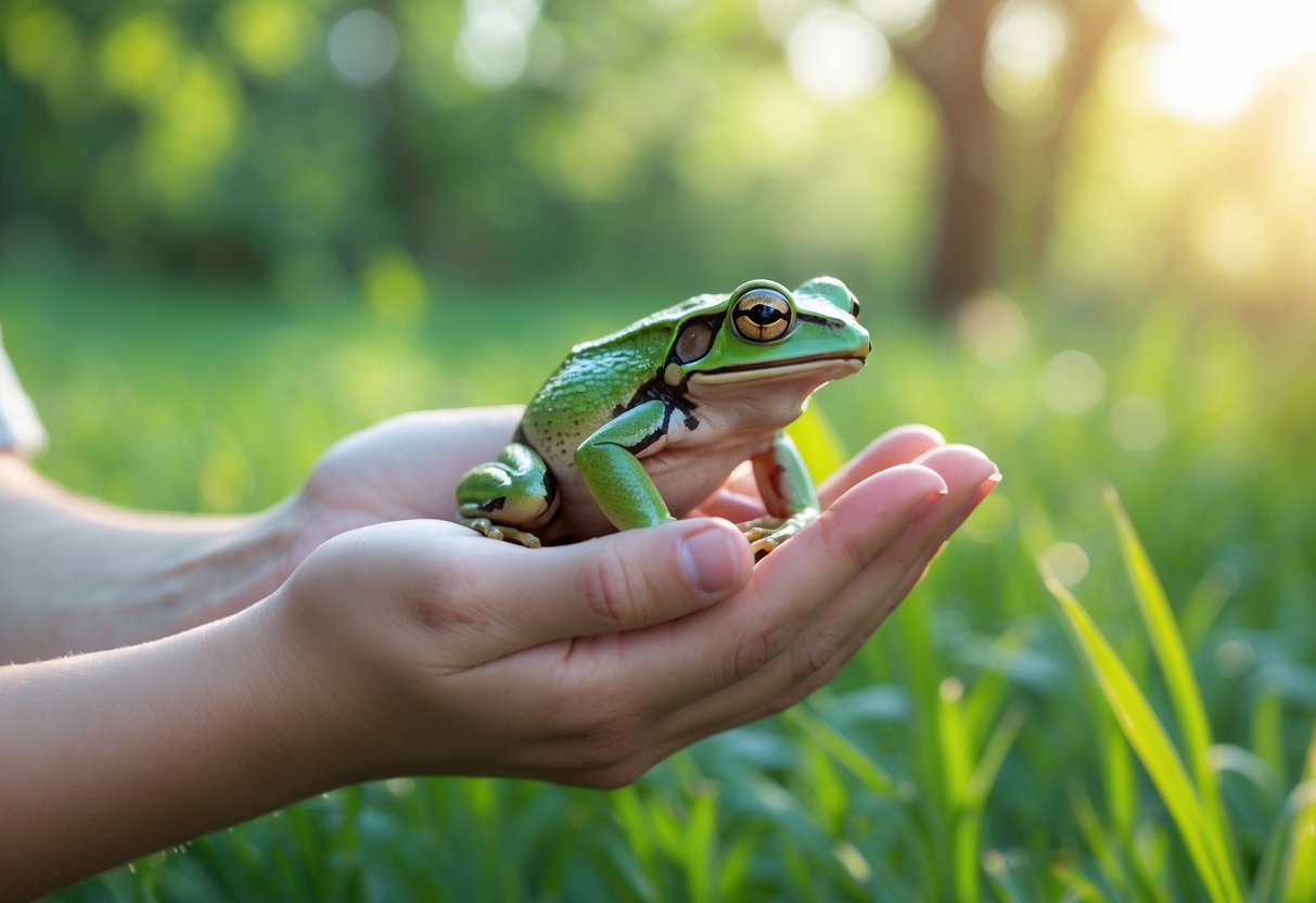 A person holding a small green frog gently in their hands outdoors with grass and trees in the background.
