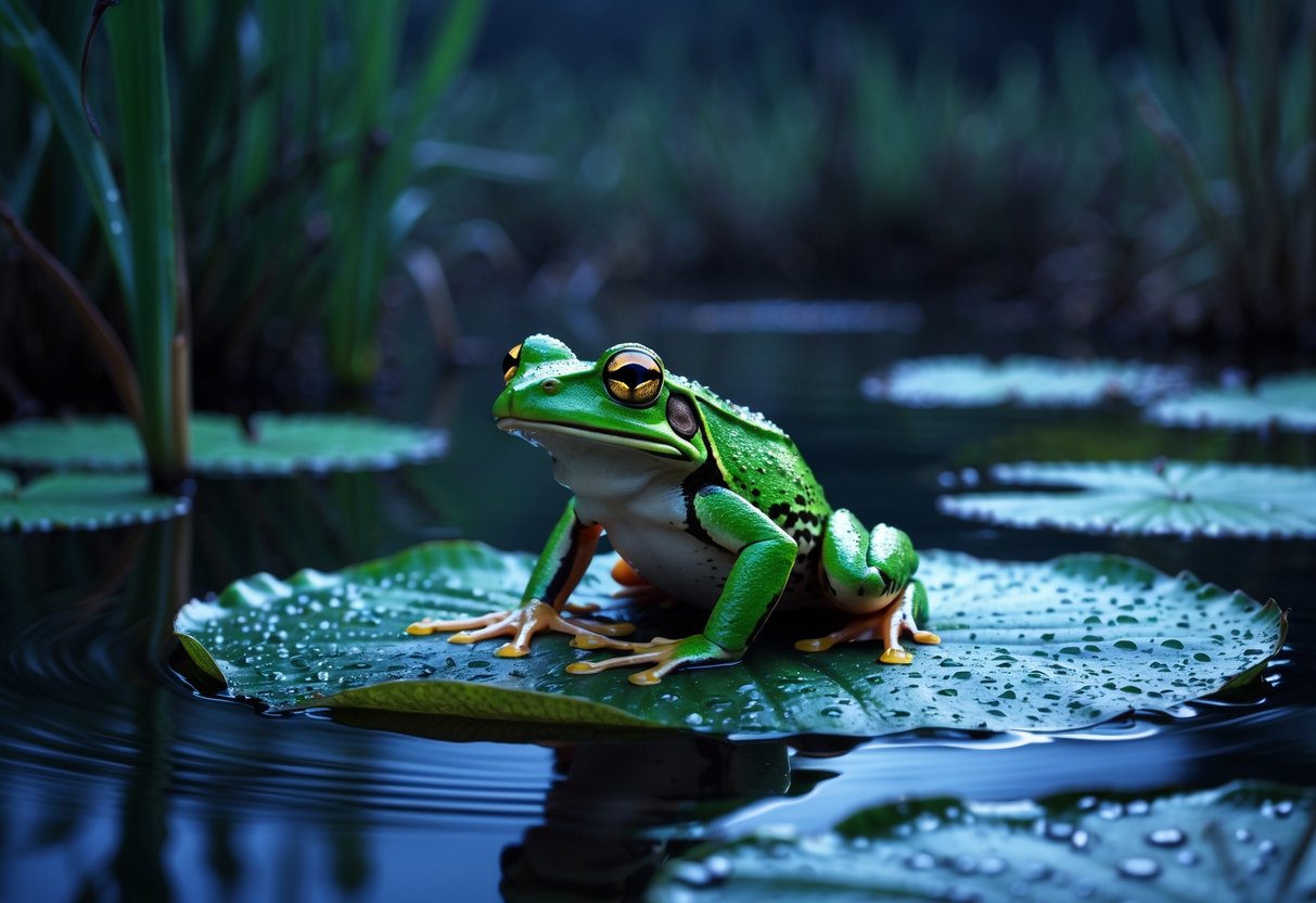 A green frog sitting on a lily pad in a dark pond at night with moonlight reflecting on the water.