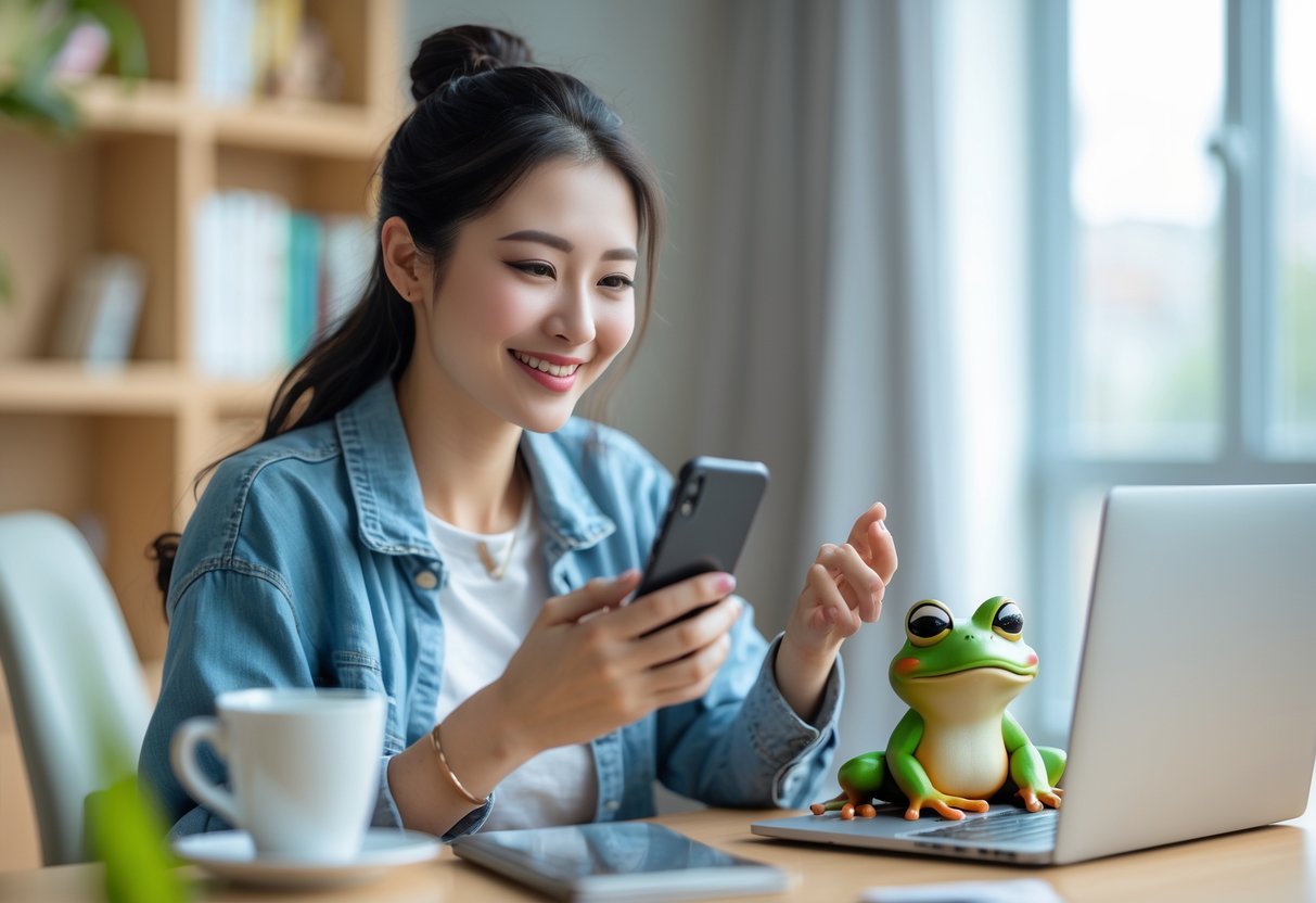 A young woman smiling at her smartphone with a small green frog figurine on the desk beside her.