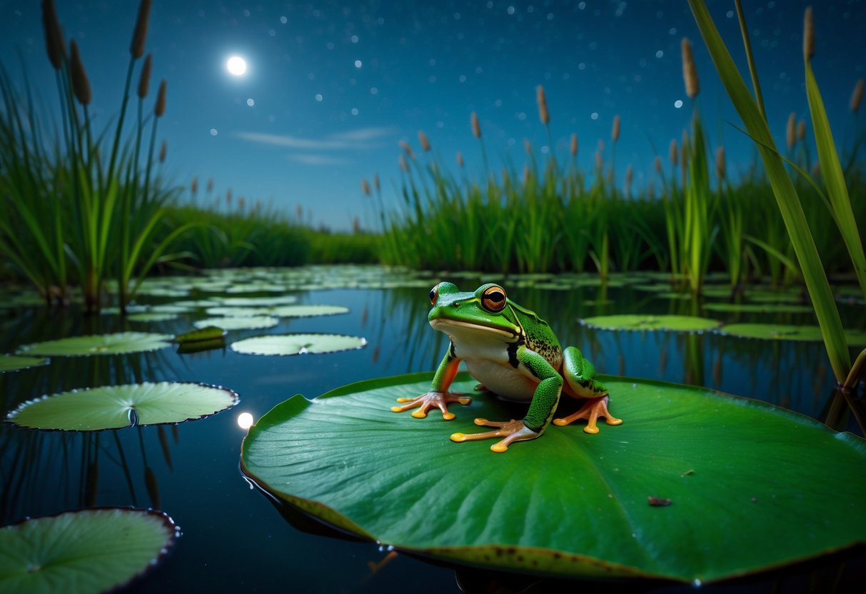 A frog sitting on a lily pad in a calm wetland at night with water lilies and reeds around, under a starry sky.