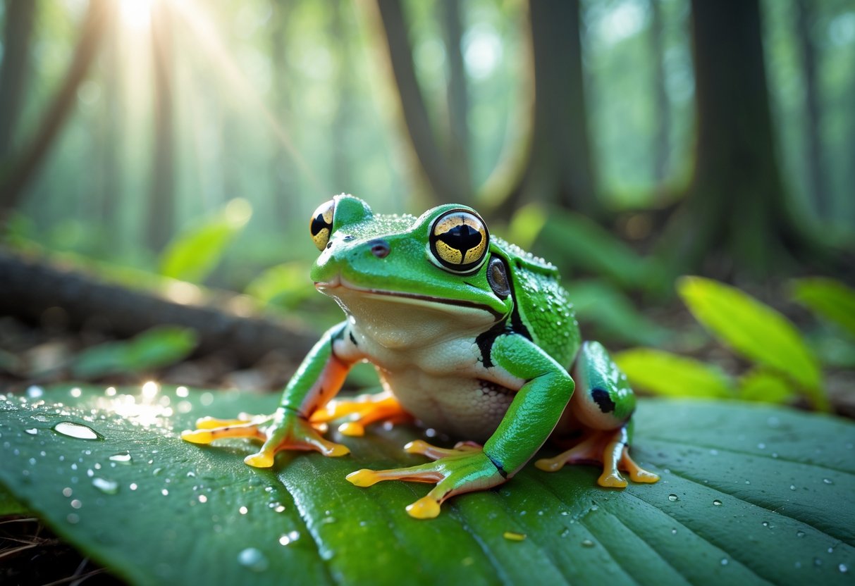 A green frog sitting on a wet leaf in a forest with soft sunlight filtering through the trees.