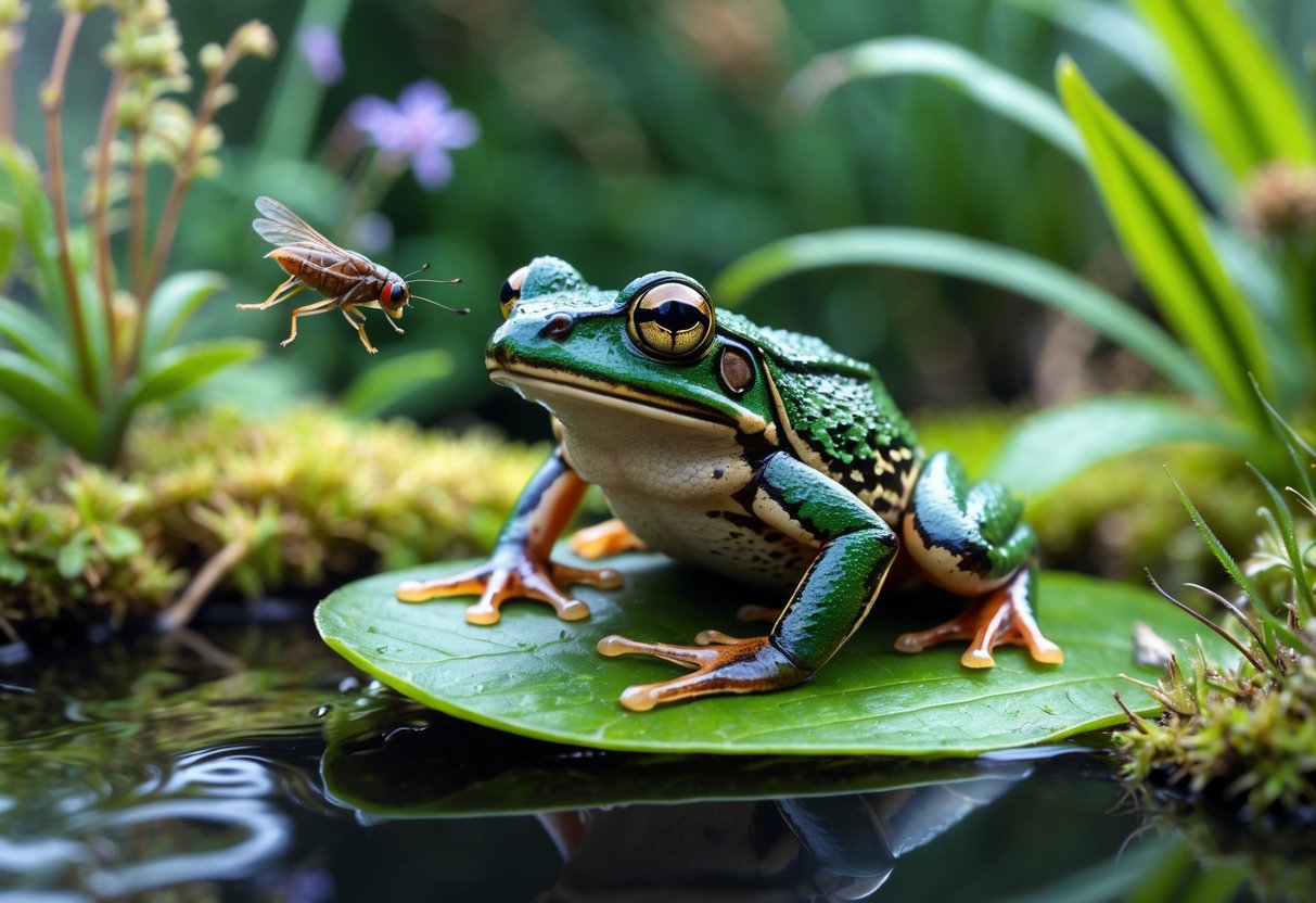 A European frog sitting on a green leaf near a pond in a garden, catching a small insect.