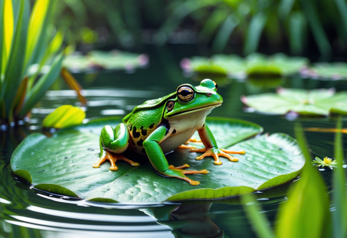 A green frog sitting on a lily pad in a calm pond surrounded by water lilies and green plants.
