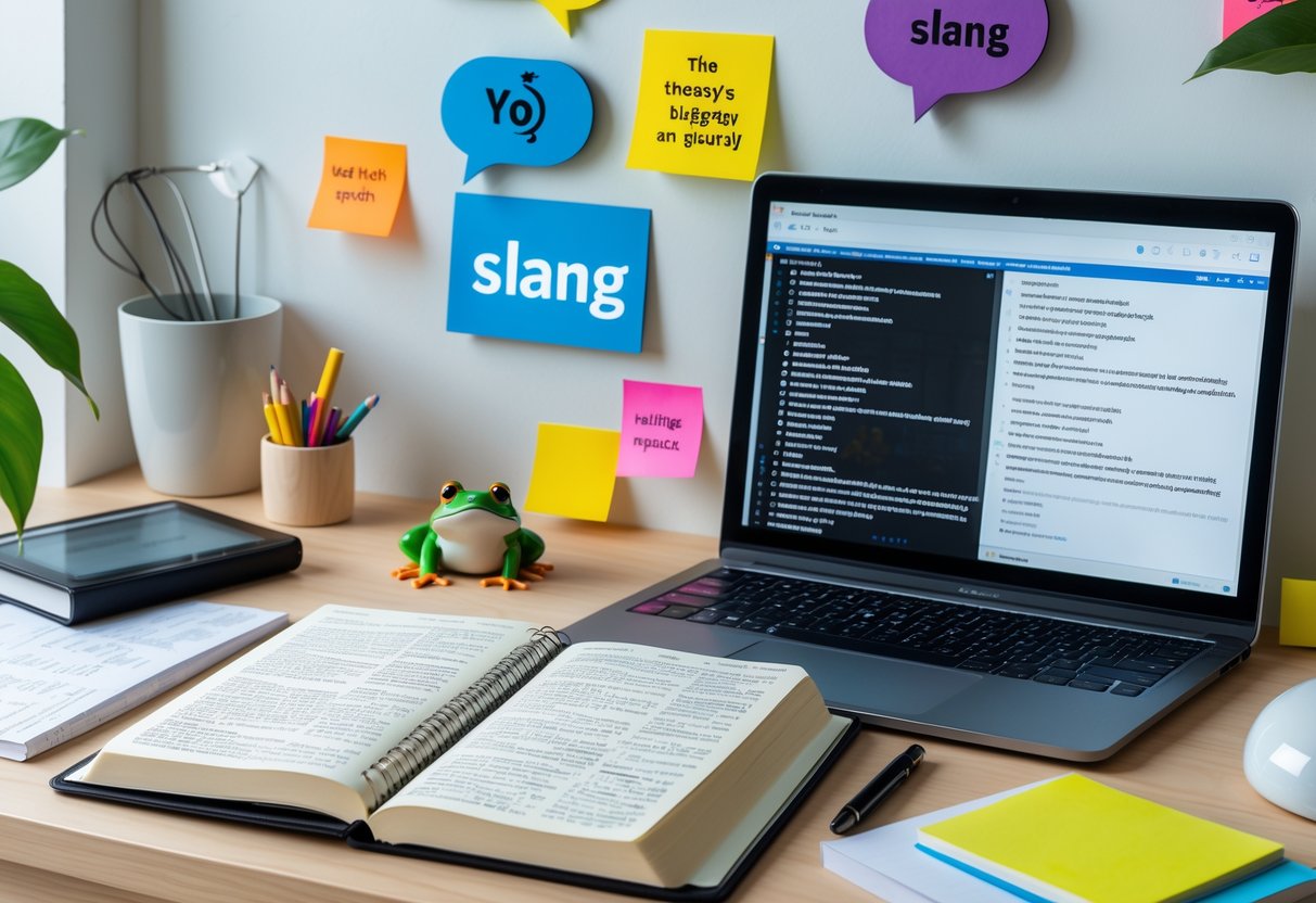 A workspace with a dictionary, notebook, laptop, sticky notes, and a small frog figurine on a wooden desk.