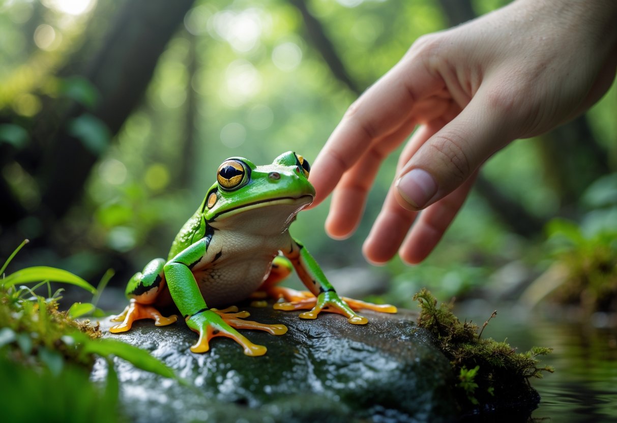 A green frog on a mossy rock with a human hand reaching towards it in a forest setting.
