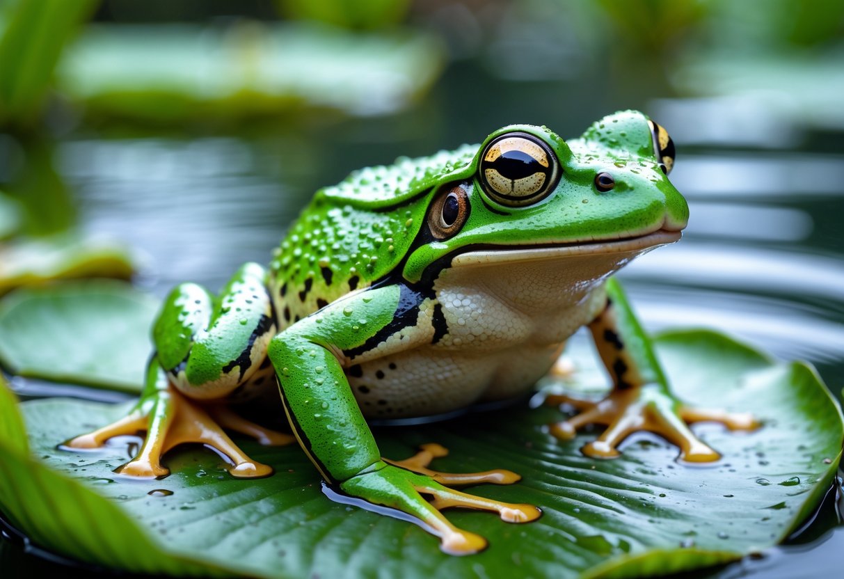 A close-up of a green frog sitting on a lily pad in a pond.