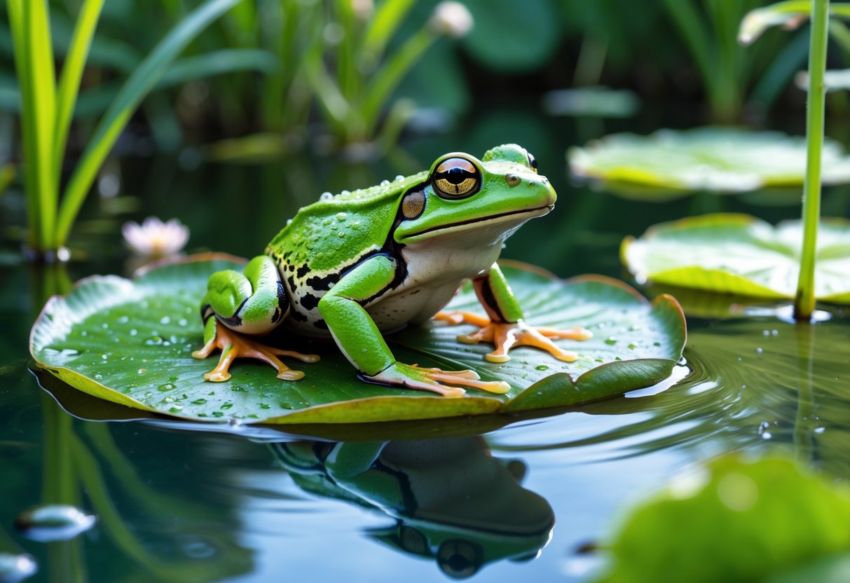 A green frog sitting on a lily pad in a calm pond surrounded by plants.