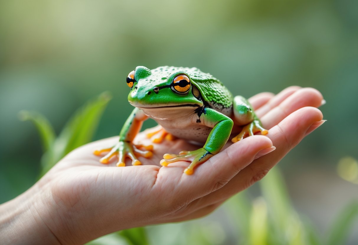 A person gently holding a small green frog in their hand outdoors.