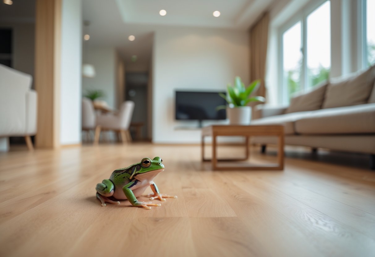 A small green frog sitting on the wooden floor inside a modern living room with furniture and natural light.