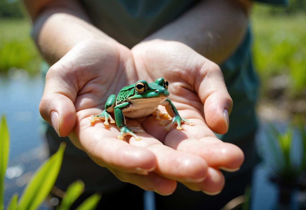 A person gently holding a small green frog in their open palm outdoors with green plants blurred in the background.