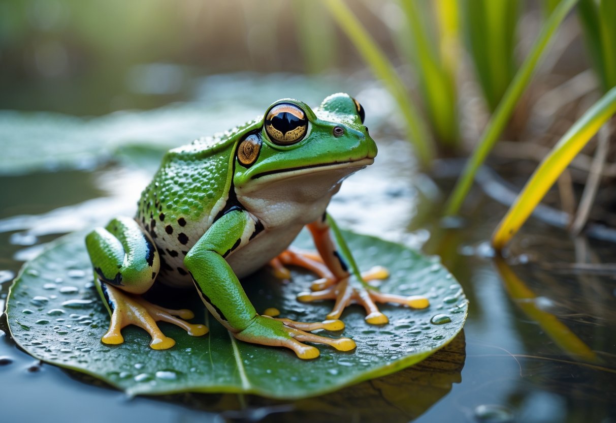 A green frog sitting on a wet leaf near a pond with its body puffed up and throat inflated.