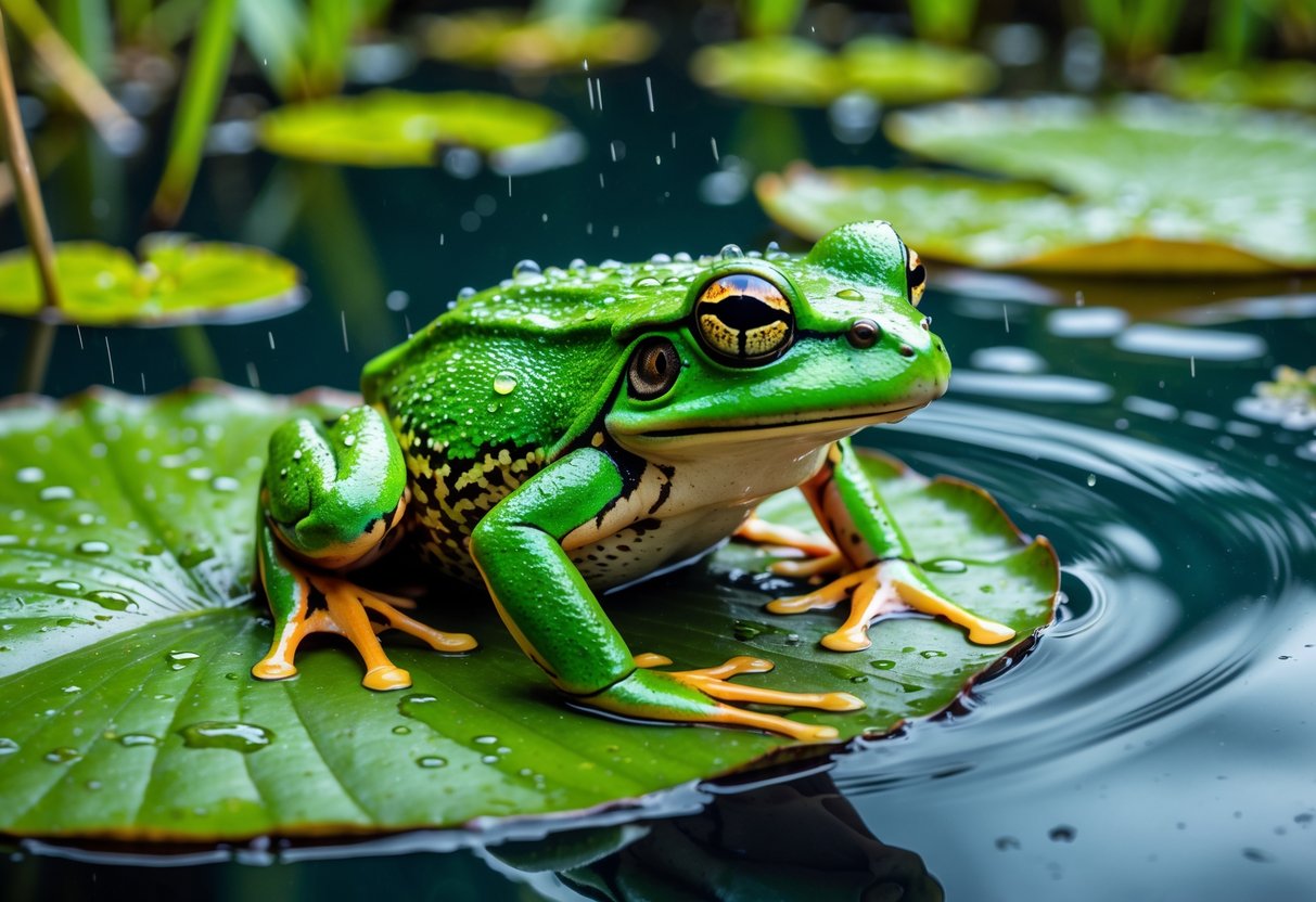 A green frog sitting on a wet lily pad in a clear pond surrounded by aquatic plants and water ripples.