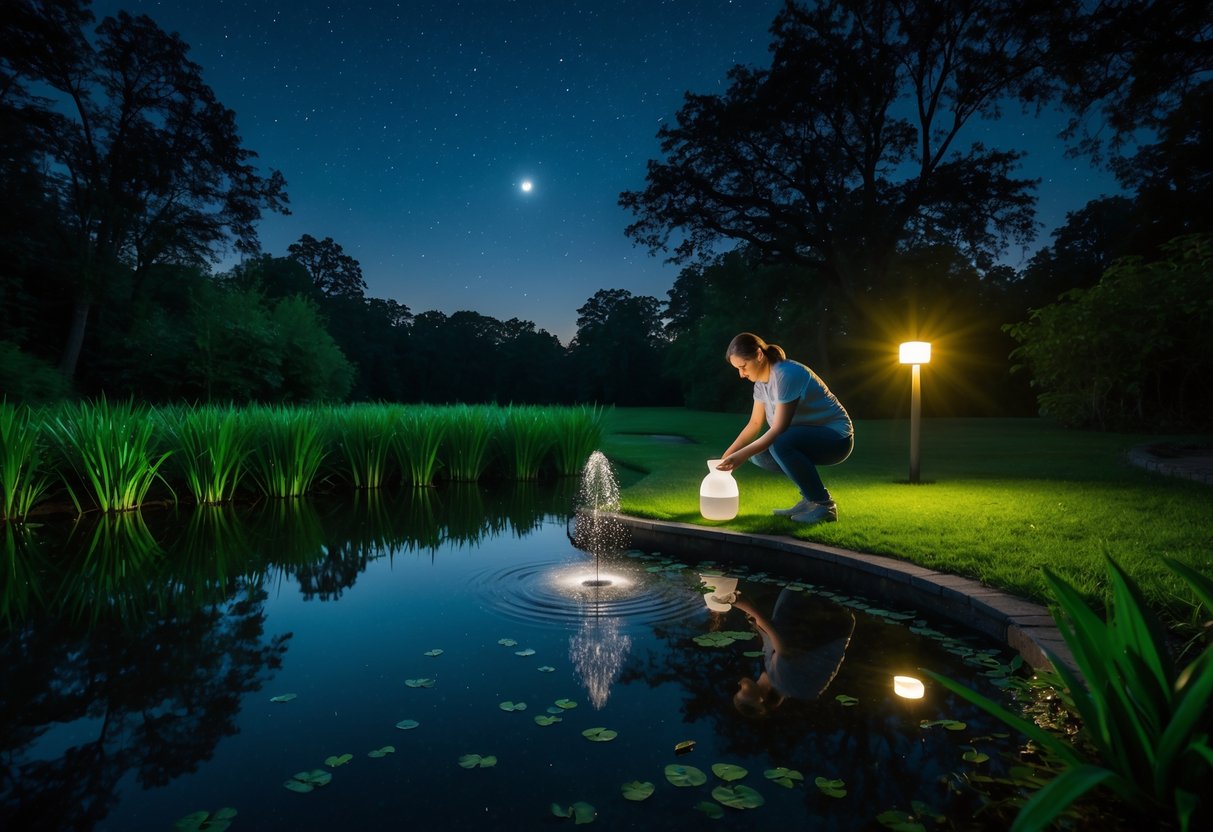 A person placing natural plants and a small fountain near a quiet pond at night surrounded by trees and vegetation.