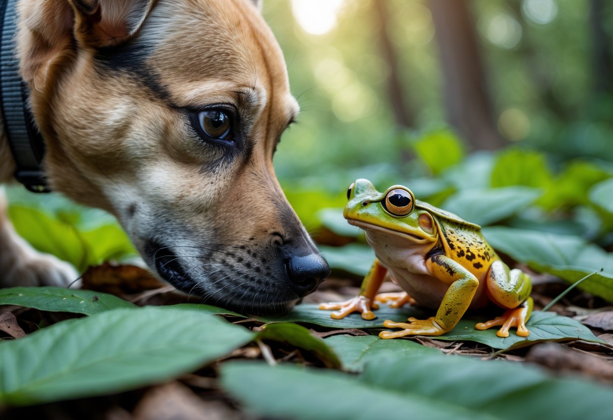 A dog sniffing a brightly colored frog on a leafy forest floor.