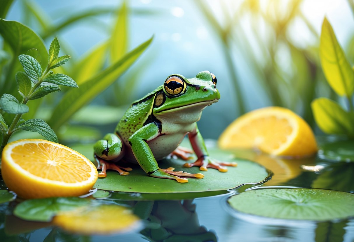 A green frog sitting on a lily pad in a pond surrounded by mint leaves, eucalyptus, and citrus fruits.