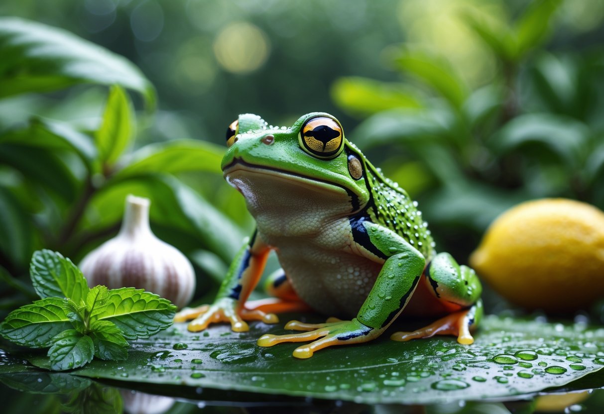 A close-up of a green frog on a wet leaf surrounded by mint, garlic, and lemon in a natural outdoor setting.