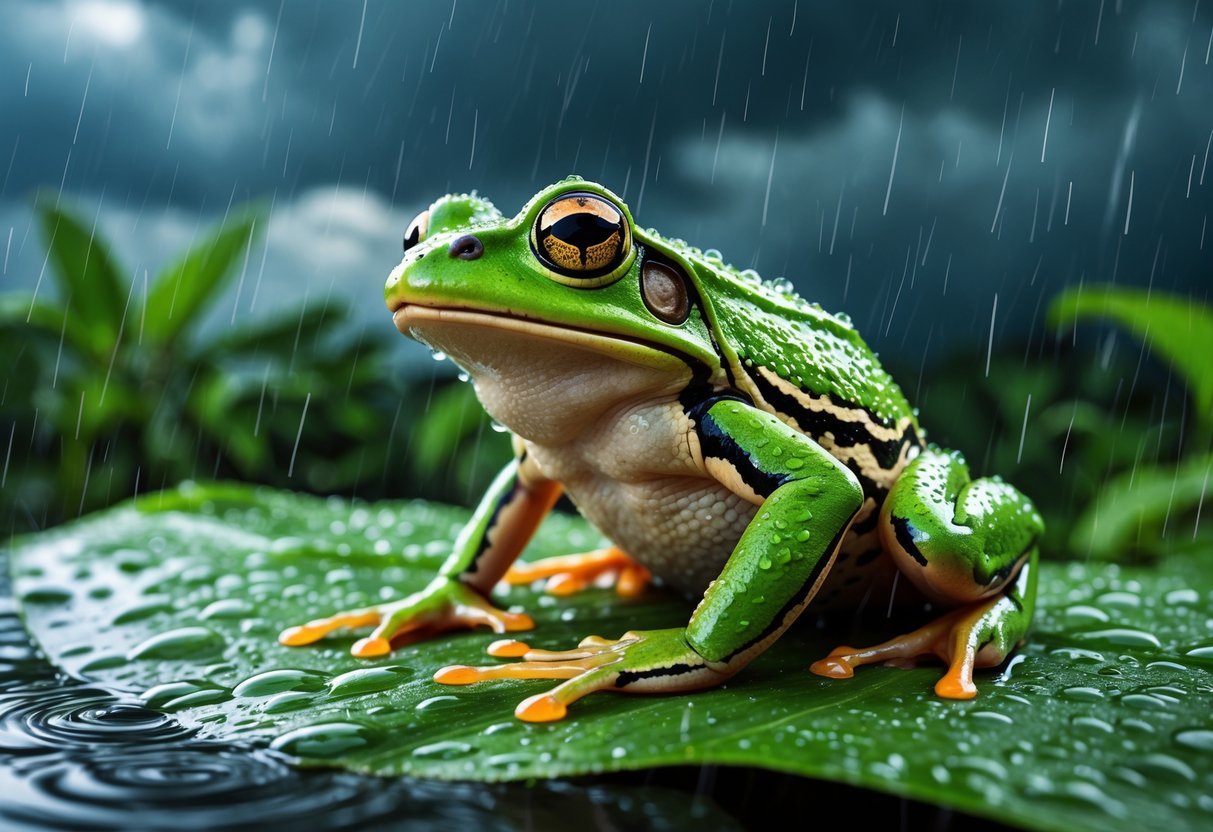 A green frog sitting on a wet leaf during a heavy rainstorm with raindrops falling around it.