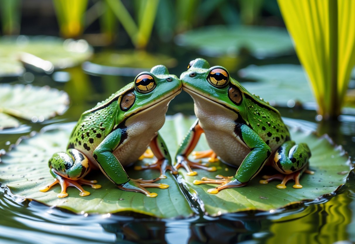 Two frogs mating on a lily pad in a pond surrounded by aquatic plants.