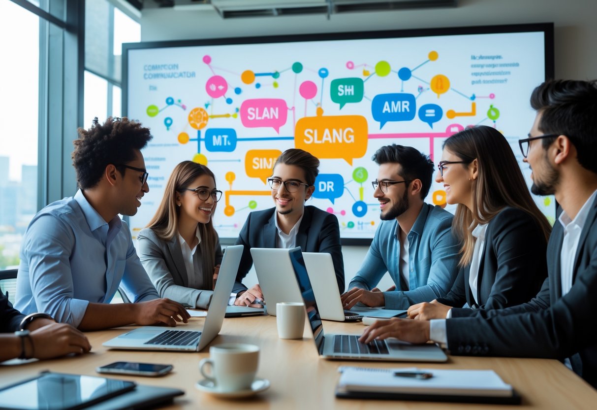 A group of young professionals collaborating around a conference table in an office, with laptops and a digital screen showing abstract icons in the background.