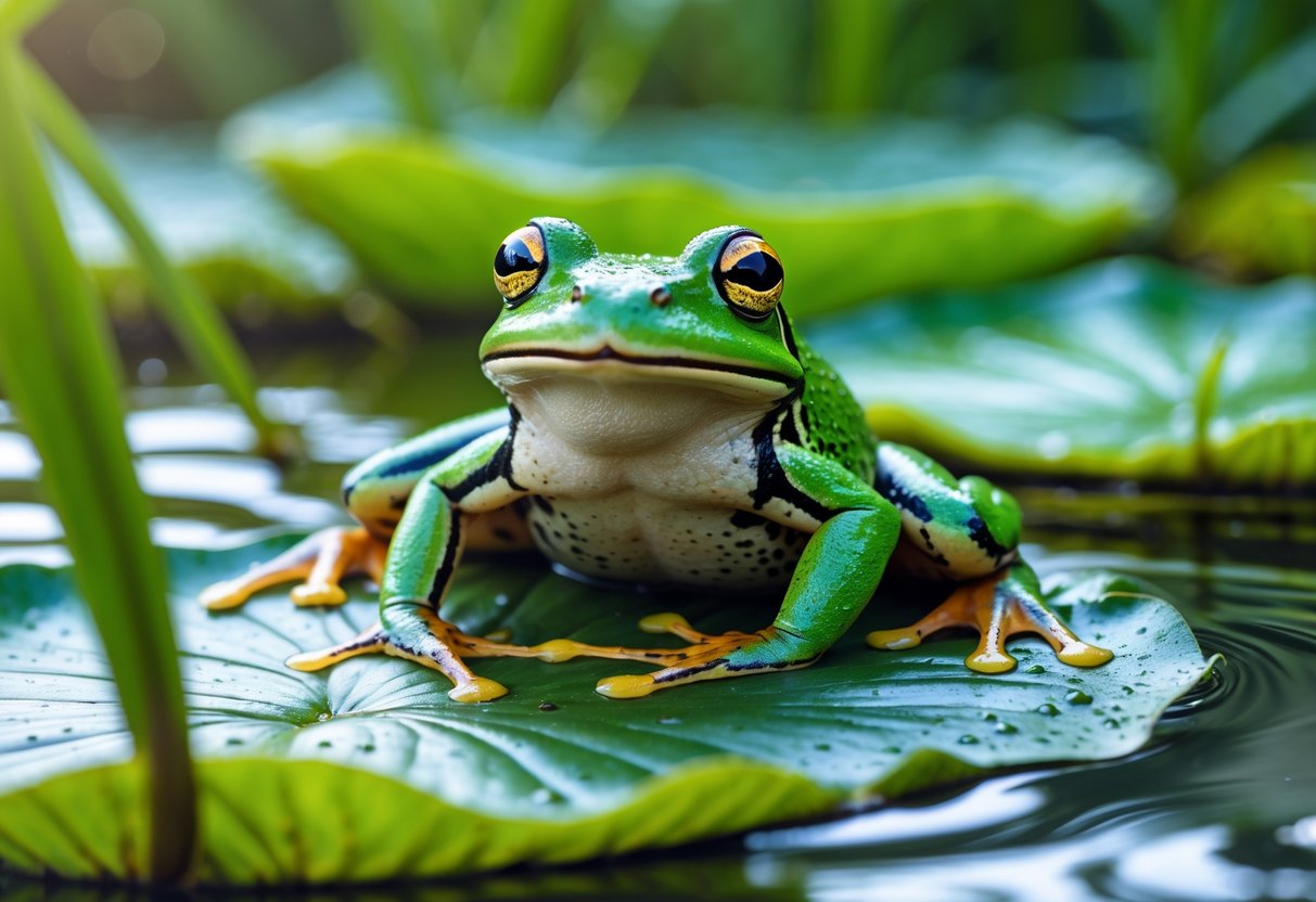 A green frog sitting on a lily pad in calm water surrounded by aquatic plants.