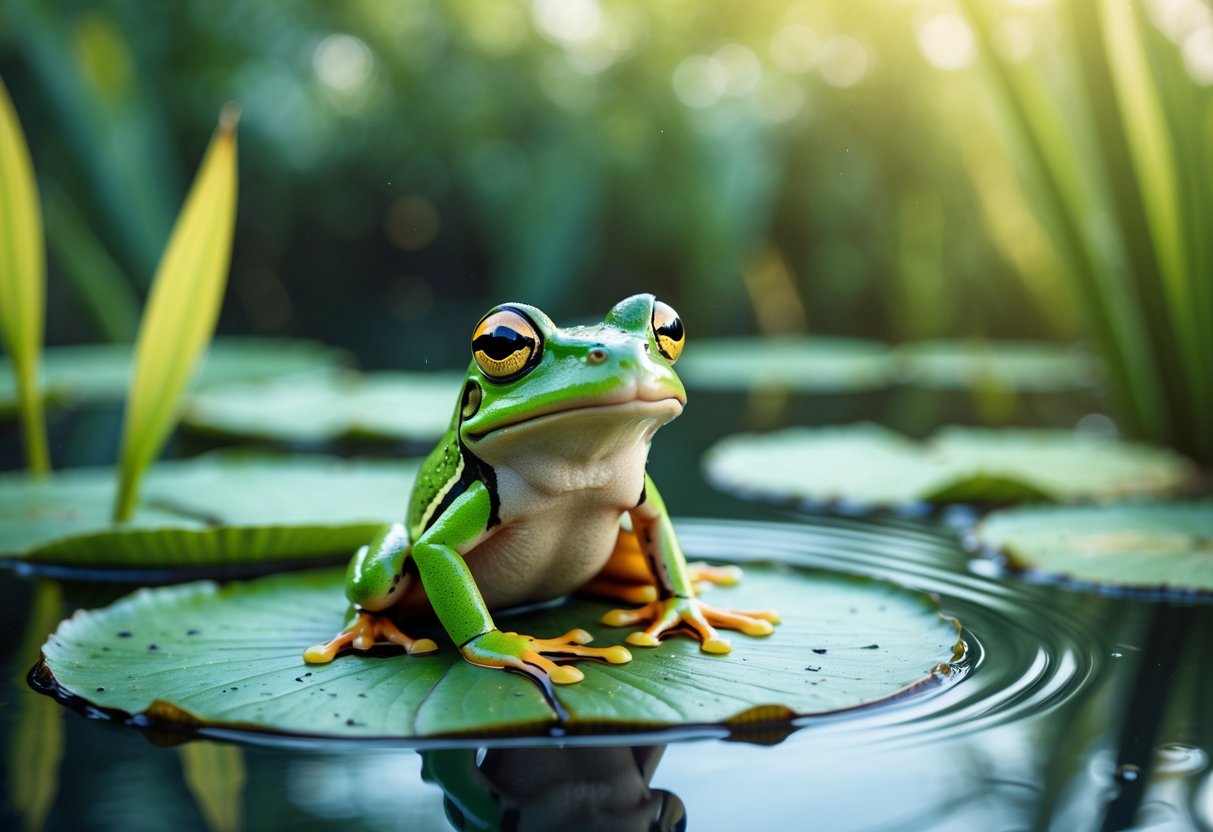 A green frog sitting on a lily pad in a calm pond surrounded by water plants and sunlight.