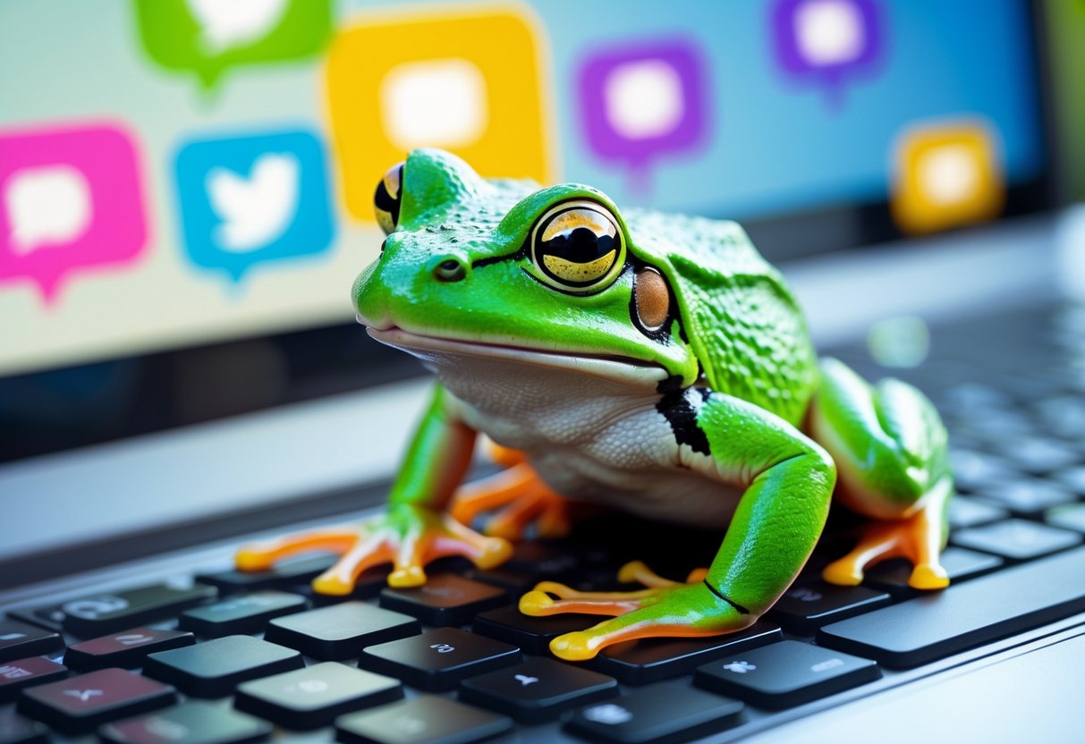 A green frog sitting on a computer keyboard with a blurred screen showing social media icons and chat bubbles in the background.