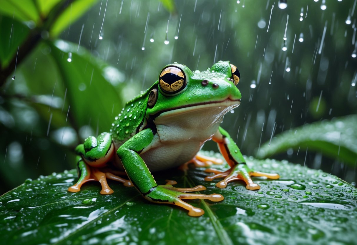 A green frog sitting on a wet leaf in a rainforest as raindrops fall around it.