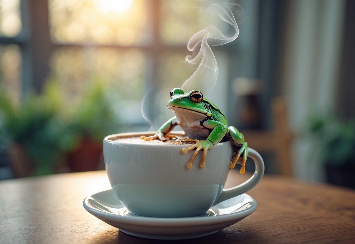 A green frog sitting on the edge of a white coffee cup filled with steaming coffee on a wooden table.