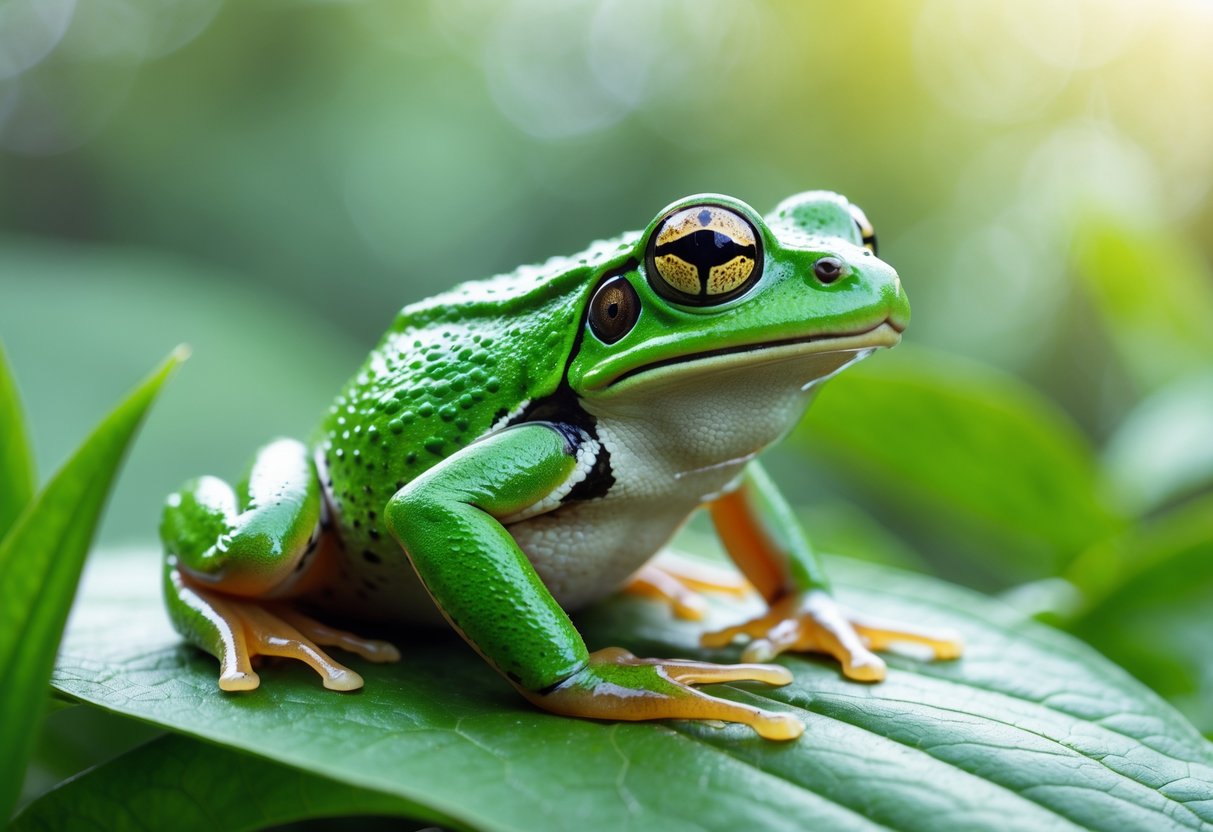 A green frog sitting on a leaf in a natural outdoor environment.