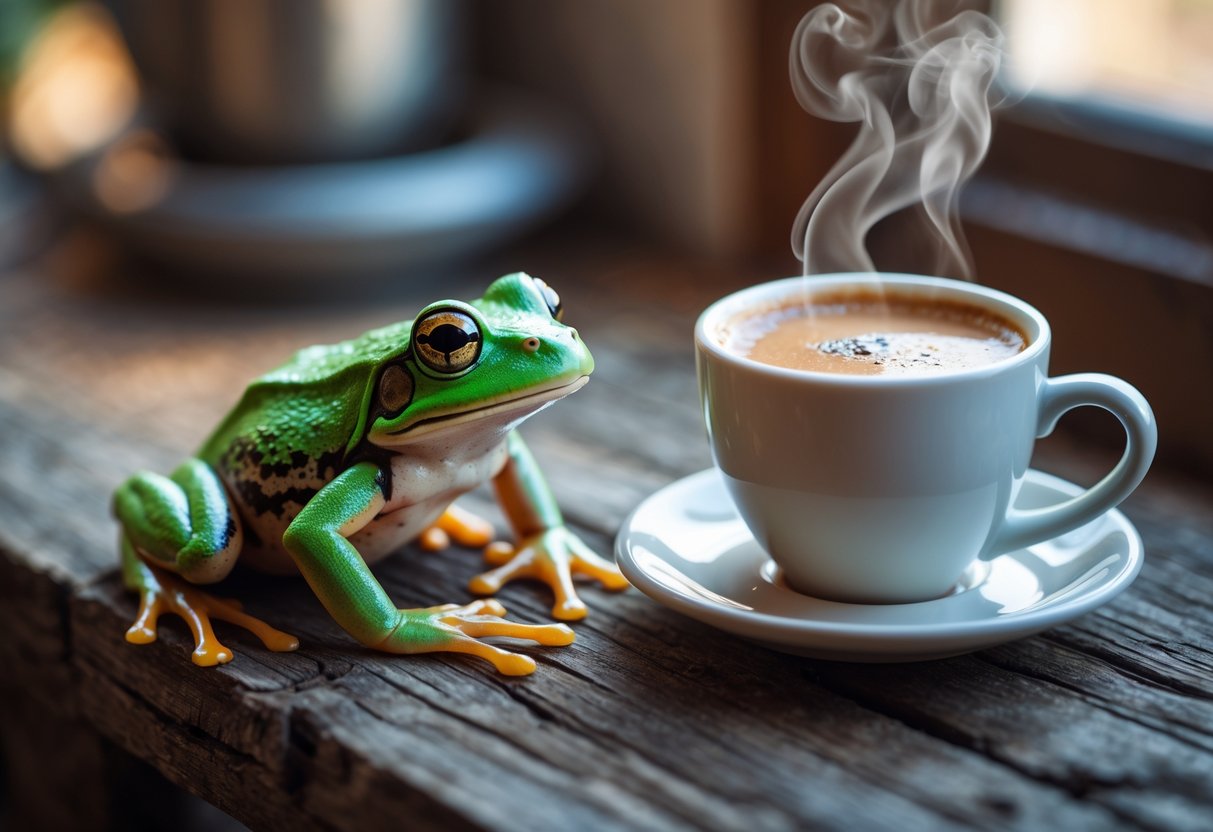 A green frog sitting on a wooden table next to a steaming cup of coffee.