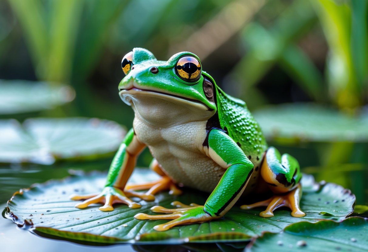 A green frog sitting on a lily pad in a calm pond surrounded by natural greenery.