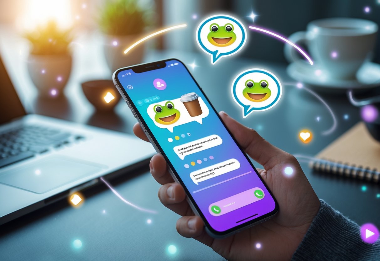 Close-up of a smartphone showing a chat with frog and coffee cup emojis, placed on a desk with a laptop, notebook, and coffee cup nearby.
