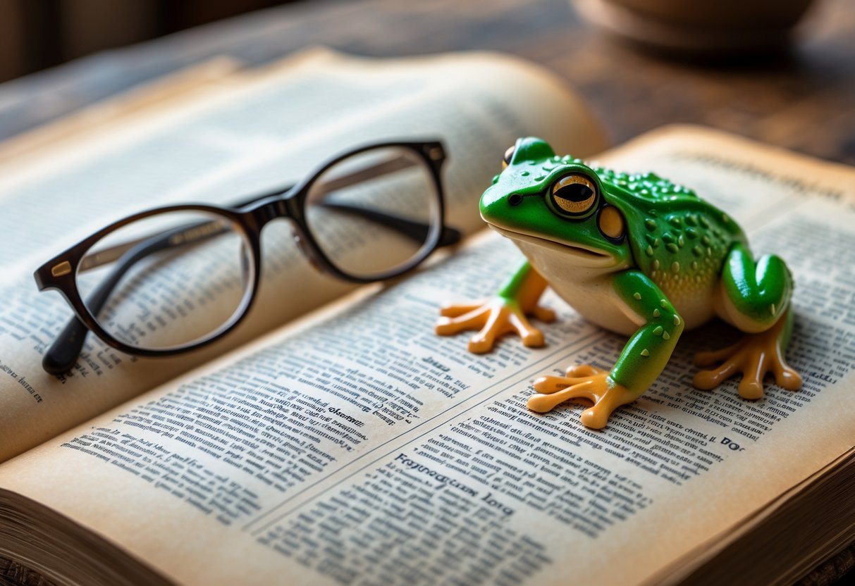 An open vintage dictionary on a wooden table with a pair of reading glasses and a small green frog figurine placed beside it.