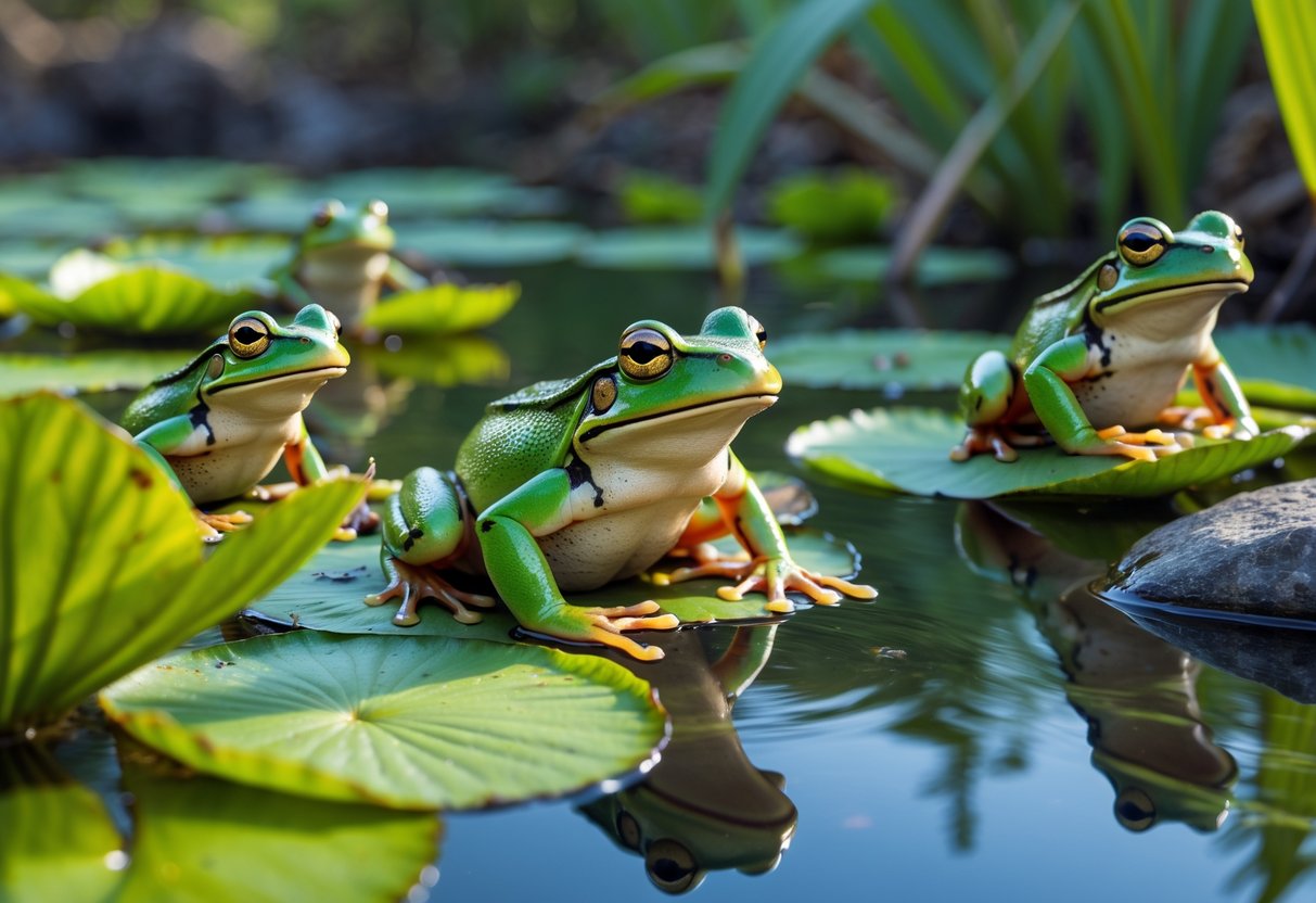 A group of green frogs sitting on lily pads and rocks near a calm pond with one frog croaking.