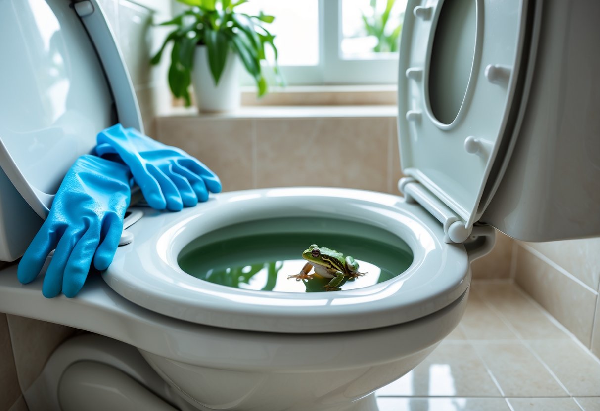 A clean bathroom toilet with a small green frog inside the bowl and blue rubber gloves on the tank nearby.