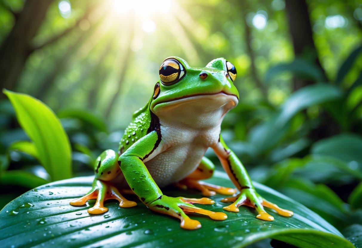 A green frog sitting on a wet leaf in a sunlit forest.