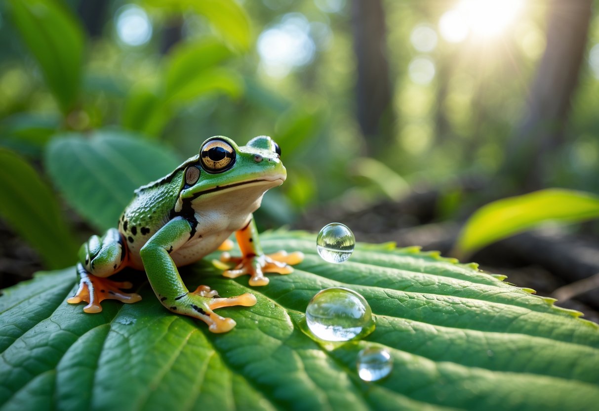 A small frog sitting on a green leaf with a clear droplet nearby in a forest setting.