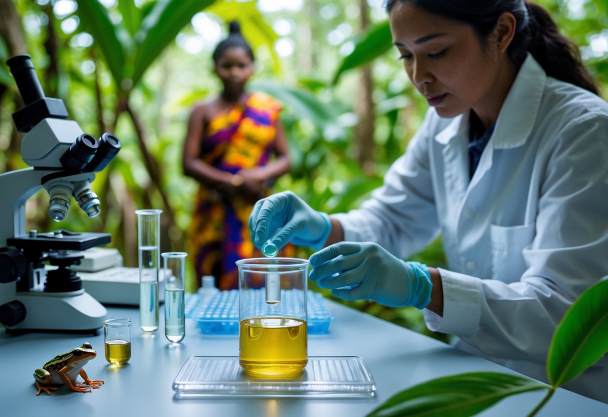 A researcher collects a sample of frog urine in a laboratory while a person in traditional clothing observes, with a small frog on a leaf nearby.