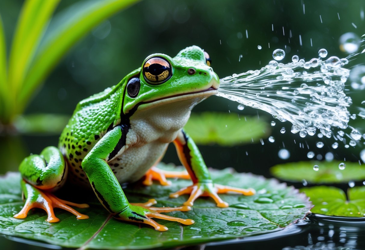 A green frog sitting on a wet leaf squirting a stream of water from its mouth in a natural pond setting.
