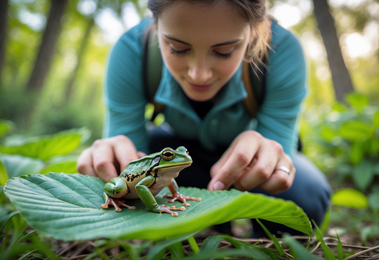 A person crouching outdoors, looking closely at a small green frog sitting on a leaf.