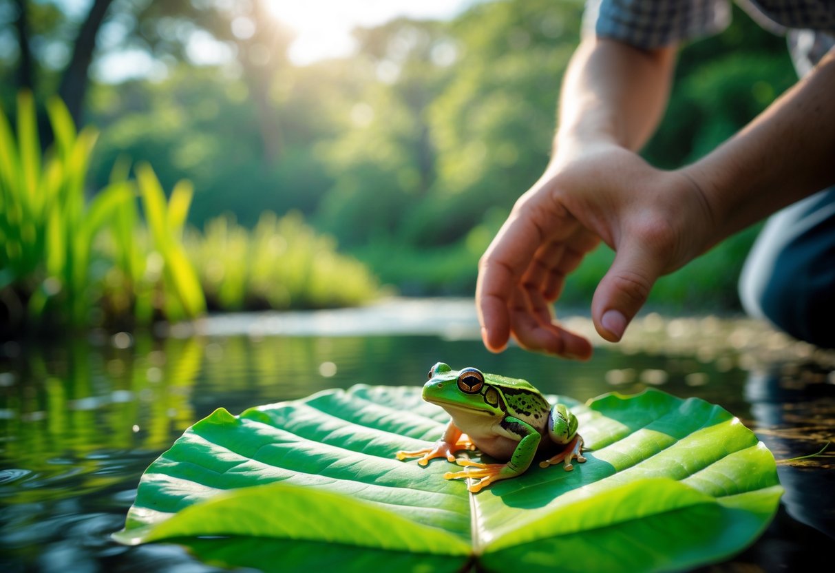 A person gently observing a small green frog sitting on a leaf near a pond in a natural outdoor setting.