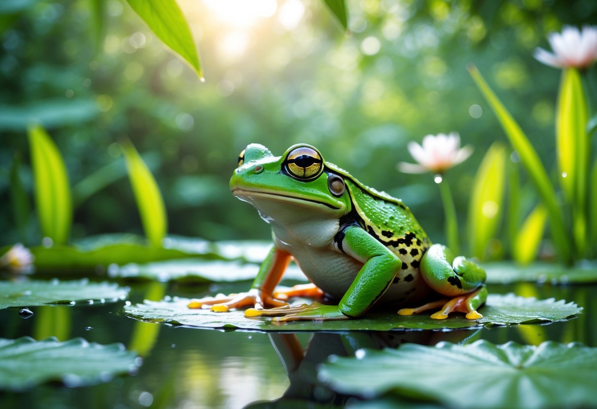 A green frog sitting on a lily pad in a calm pond surrounded by green plants and soft sunlight.