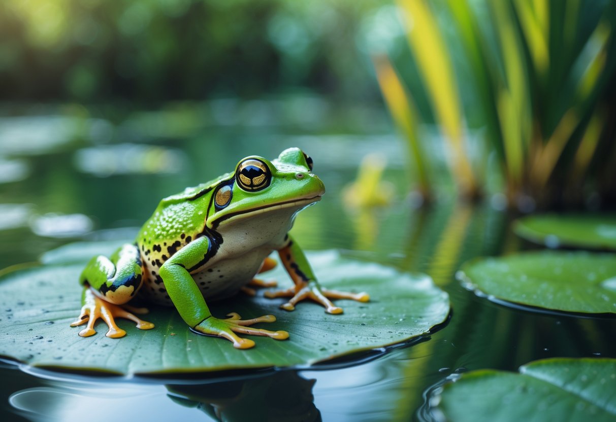 A green frog sitting on a lily pad in a calm pond surrounded by greenery.
