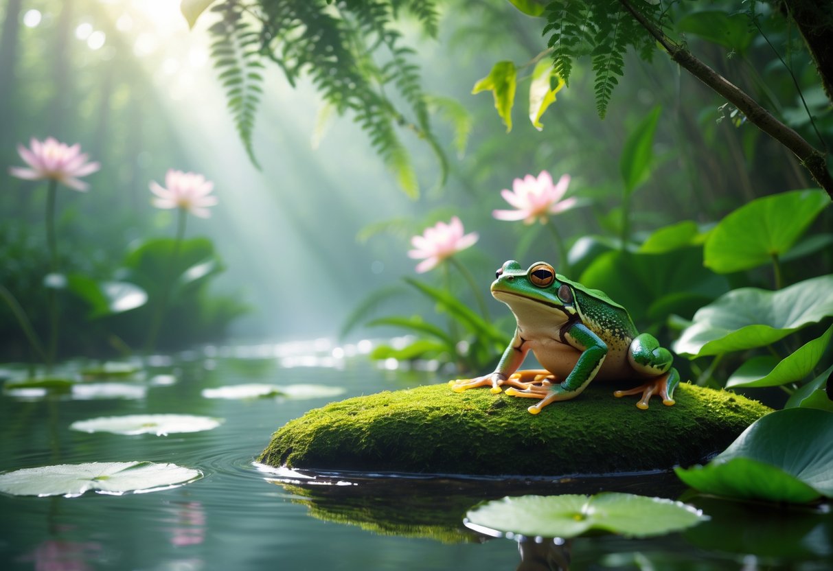 A green frog sitting on a mossy rock beside a clear stream surrounded by lush plants and soft sunlight filtering through trees.